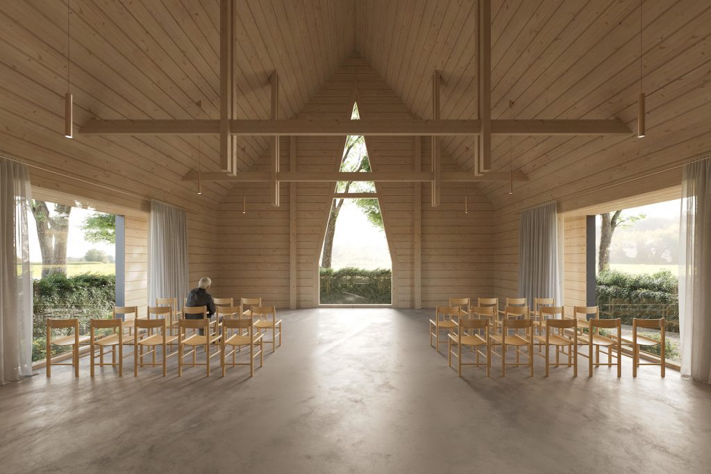 Interior in Vihti log chapel by Honka